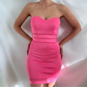 Y2K hot pink neon bandage dress strapless mini wow couture size small bodycon